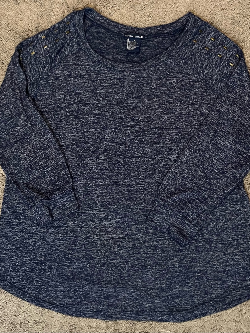 Architect Navy Heather Crew Neck Knit Top Metal Studs on Sleeves Size XL.
